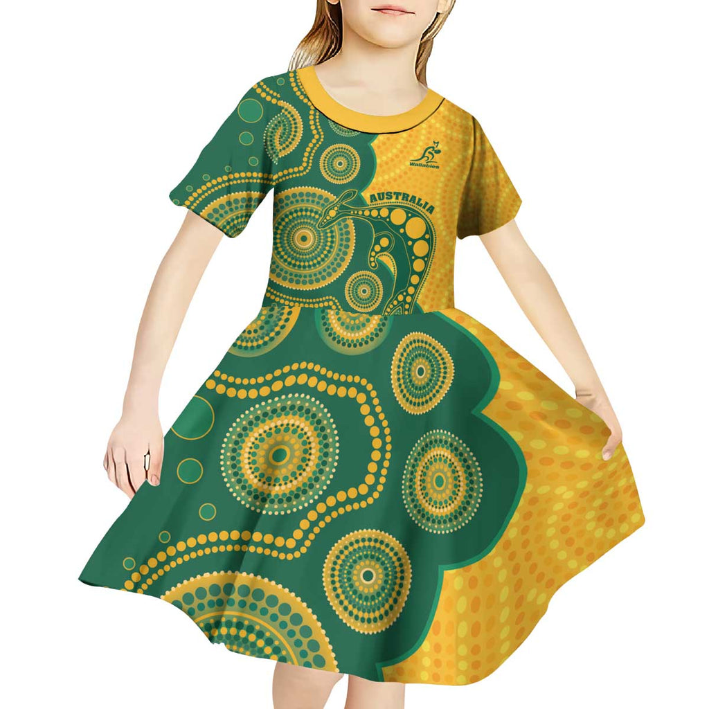 Australia Rugby Custom Kid Short Sleeve Dress Go Wallabies Aboriginal Style