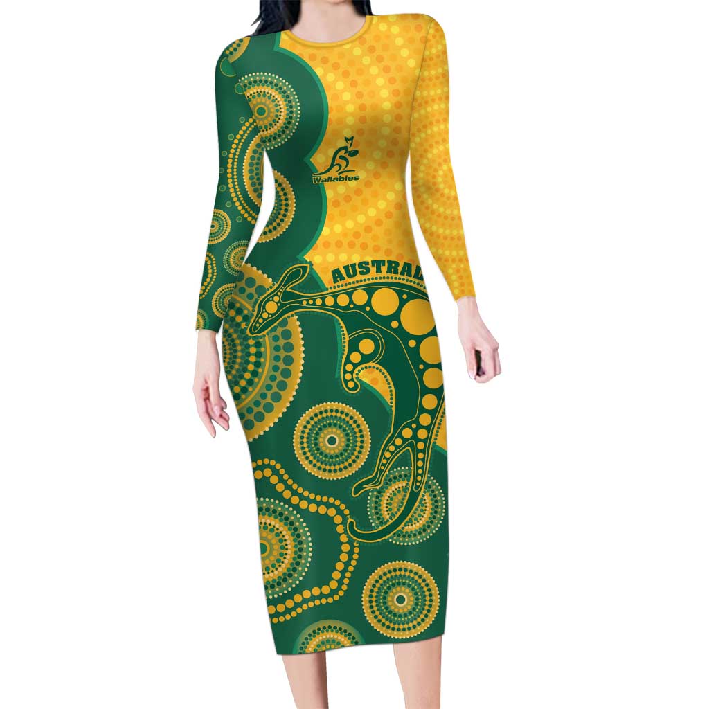 Australia Rugby Custom Long Sleeve Bodycon Dress Go Wallabies Aboriginal Style
