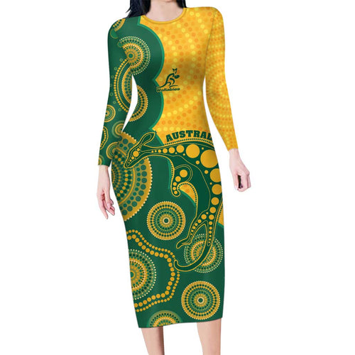 Australia Rugby Custom Long Sleeve Bodycon Dress Go Wallabies Aboriginal Style