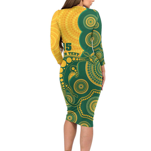 Australia Rugby Custom Long Sleeve Bodycon Dress Go Wallabies Aboriginal Style