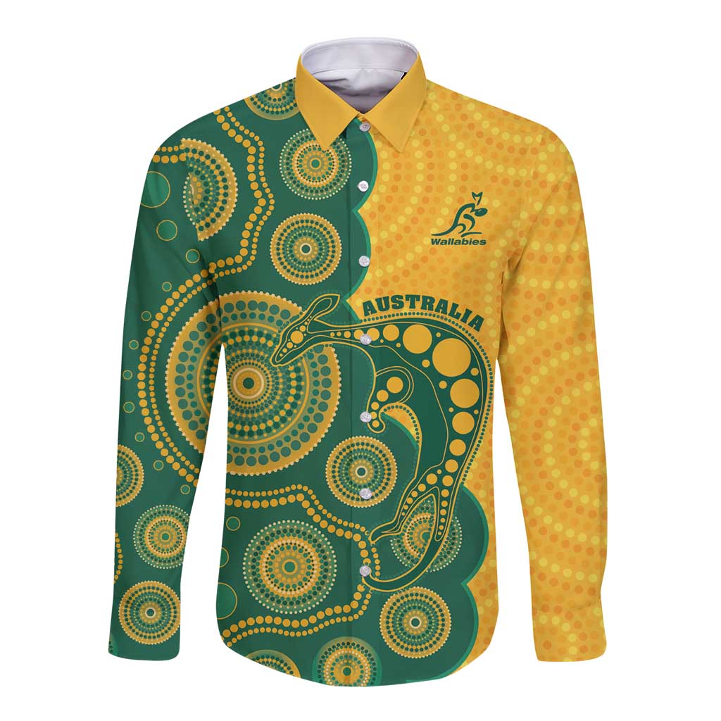 Australia Rugby Custom Long Sleeve Button Shirt Go Wallabies Aboriginal Style