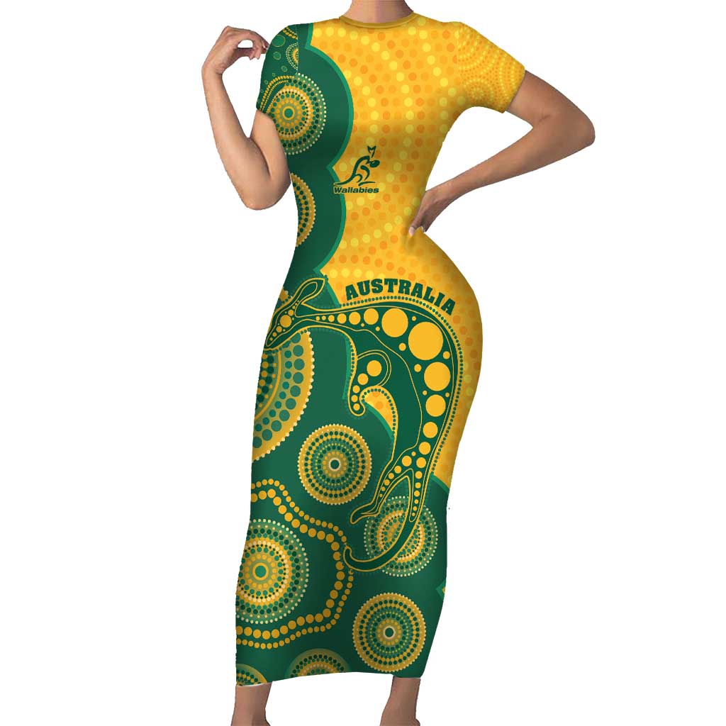 Australia Rugby Custom Short Sleeve Bodycon Dress Go Wallabies Aboriginal Style