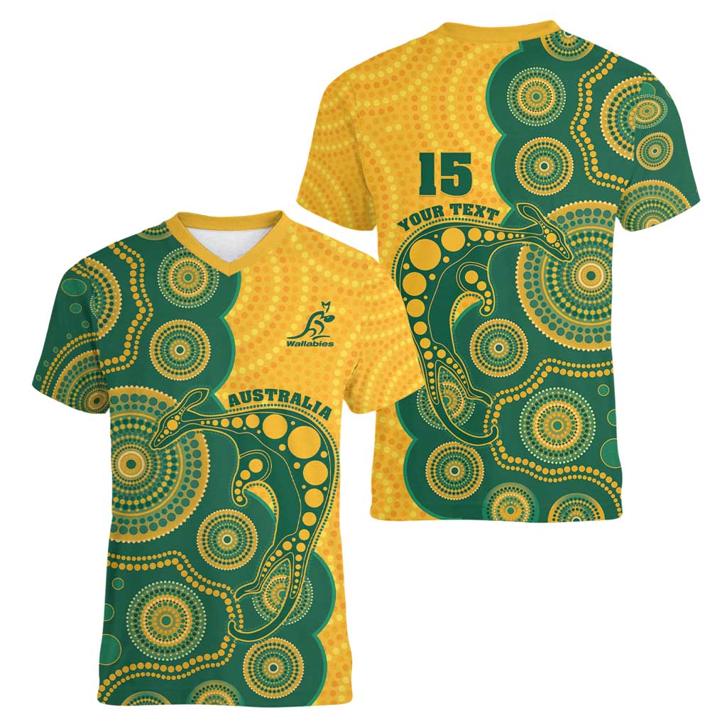Australia Rugby Custom Women V-Neck T-Shirt Go Wallabies Aboriginal Style