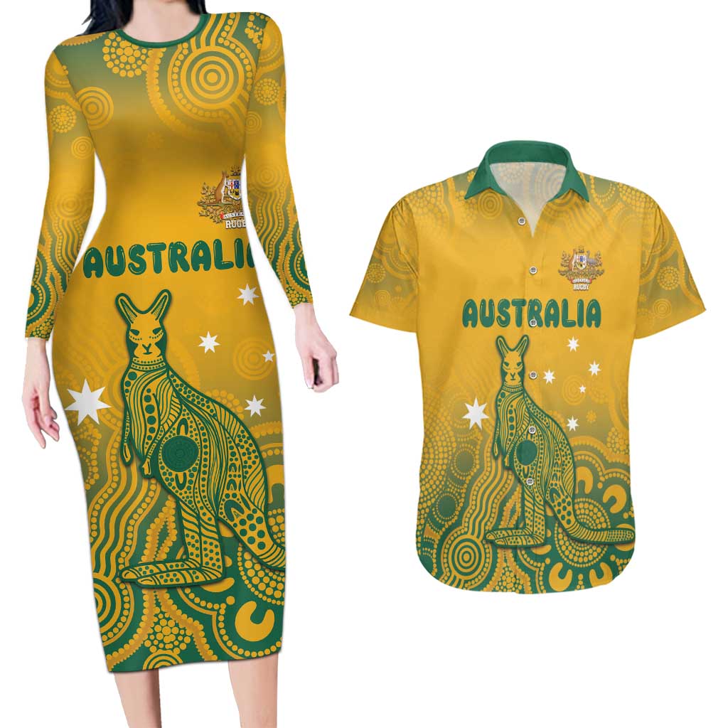 Australia Rugby Couples Matching Long Sleeve Bodycon Dress and Hawaiian Shirt Wallabies Aboriginal Pattern