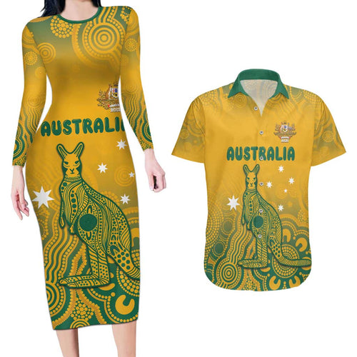 Australia Rugby Couples Matching Long Sleeve Bodycon Dress and Hawaiian Shirt Wallabies Aboriginal Pattern