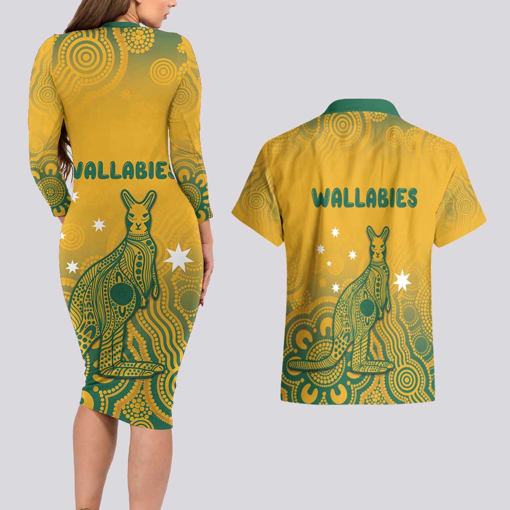 Australia Rugby Couples Matching Long Sleeve Bodycon Dress and Hawaiian Shirt Wallabies Aboriginal Pattern