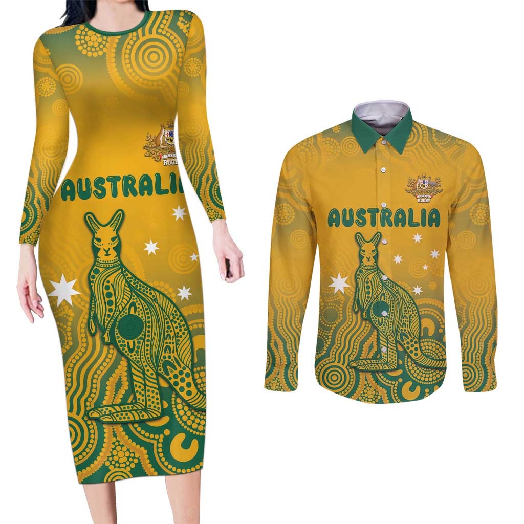 Australia Rugby Couples Matching Long Sleeve Bodycon Dress and Long Sleeve Button Shirt Wallabies Aboriginal Pattern