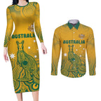 Australia Rugby Couples Matching Long Sleeve Bodycon Dress and Long Sleeve Button Shirt Wallabies Aboriginal Pattern