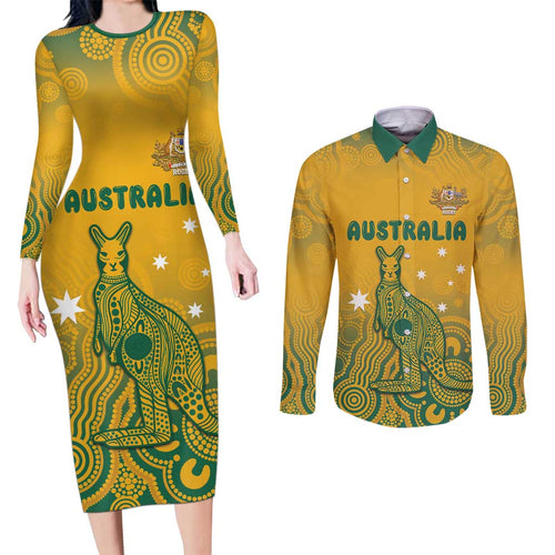 Australia Rugby Couples Matching Long Sleeve Bodycon Dress and Long Sleeve Button Shirt Wallabies Aboriginal Pattern