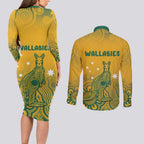 Australia Rugby Couples Matching Long Sleeve Bodycon Dress and Long Sleeve Button Shirt Wallabies Aboriginal Pattern
