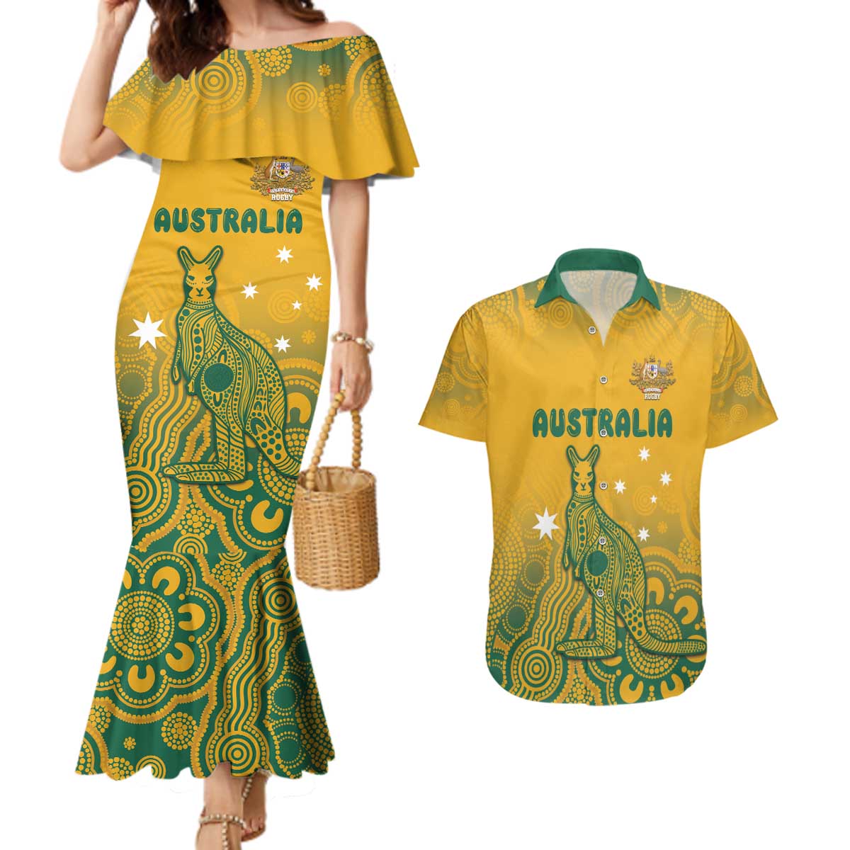 Australia Rugby Couples Matching Mermaid Dress and Hawaiian Shirt Wallabies Aboriginal Pattern