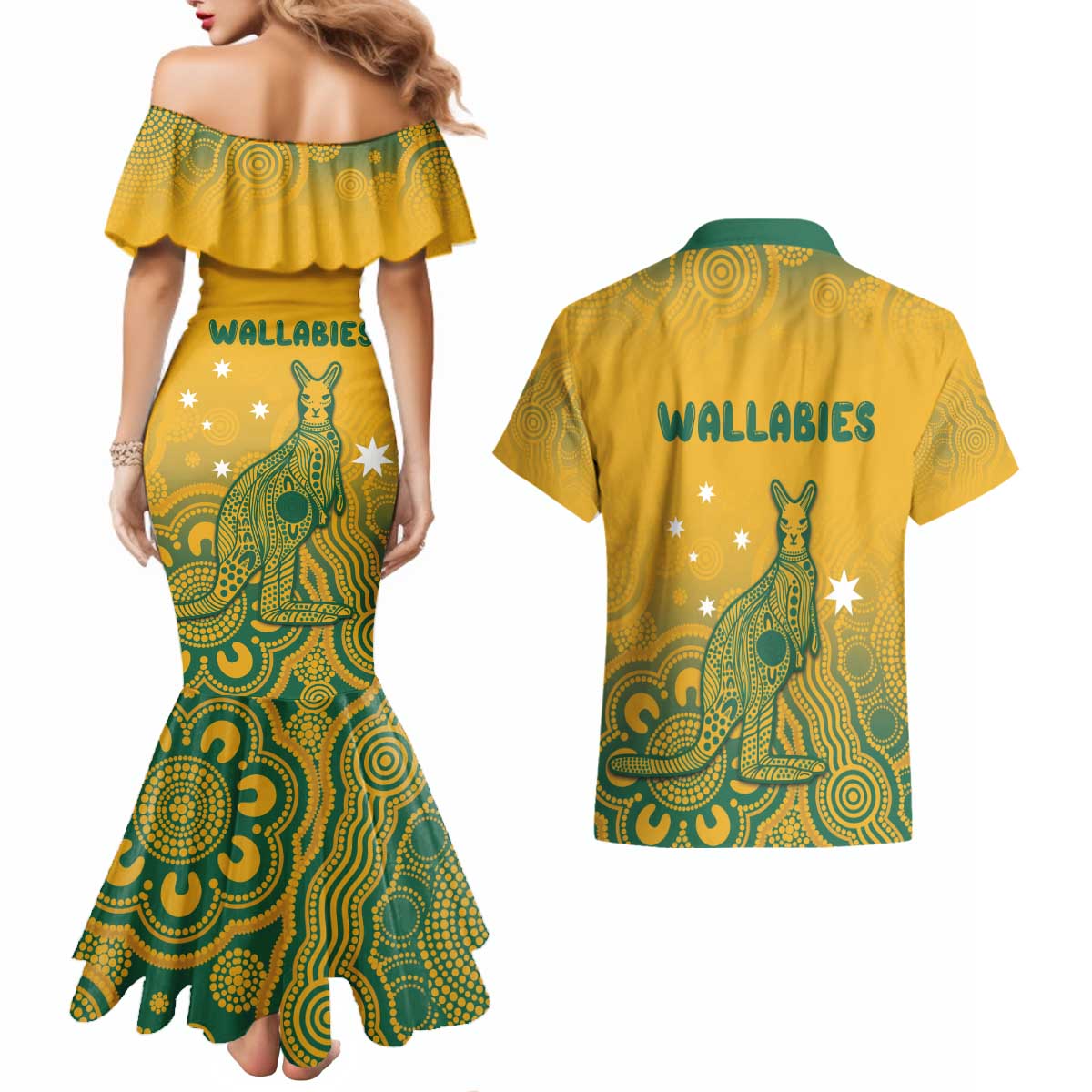 Australia Rugby Couples Matching Mermaid Dress and Hawaiian Shirt Wallabies Aboriginal Pattern