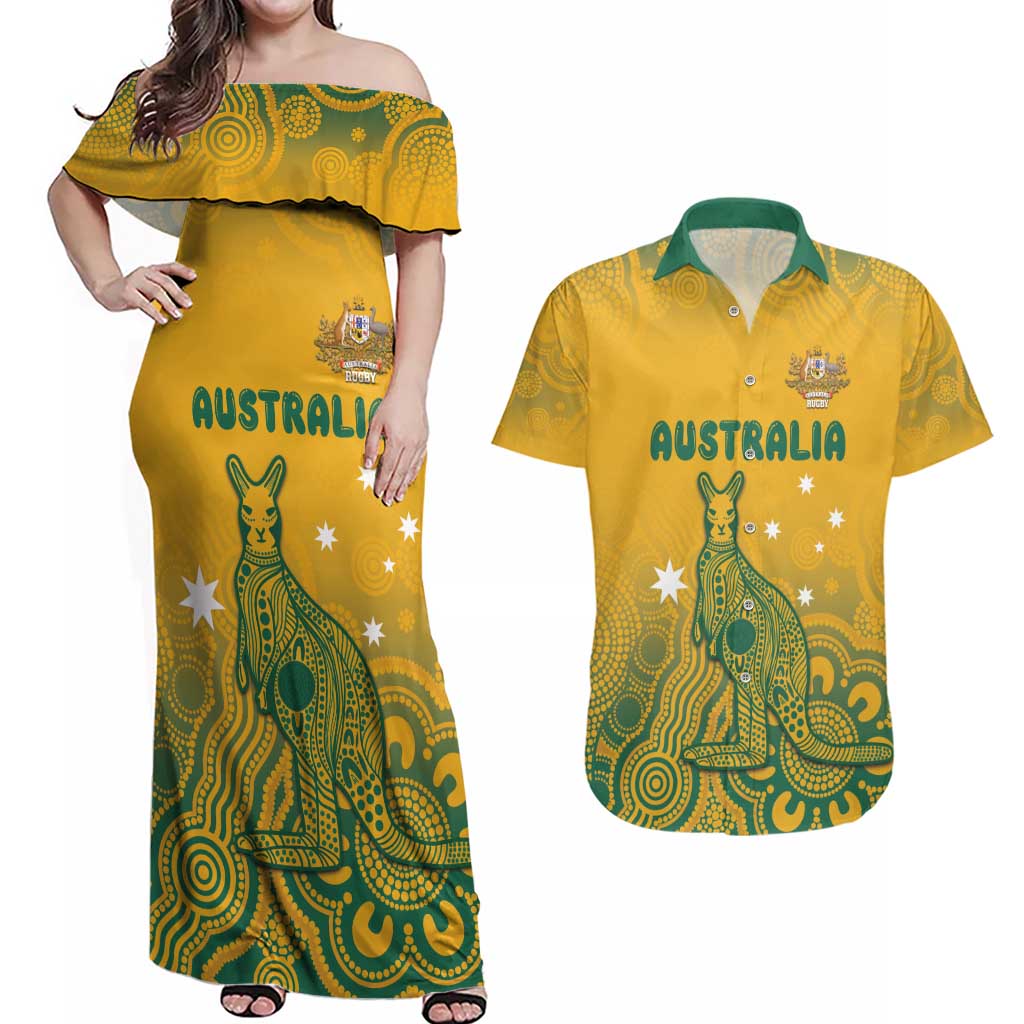 Australia Rugby Couples Matching Off Shoulder Maxi Dress and Hawaiian Shirt Wallabies Aboriginal Pattern