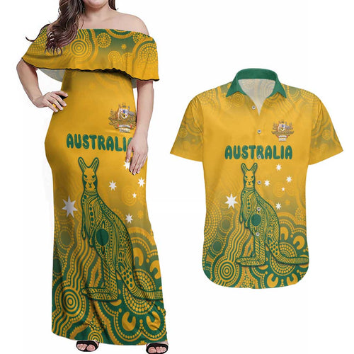 Australia Rugby Couples Matching Off Shoulder Maxi Dress and Hawaiian Shirt Wallabies Aboriginal Pattern