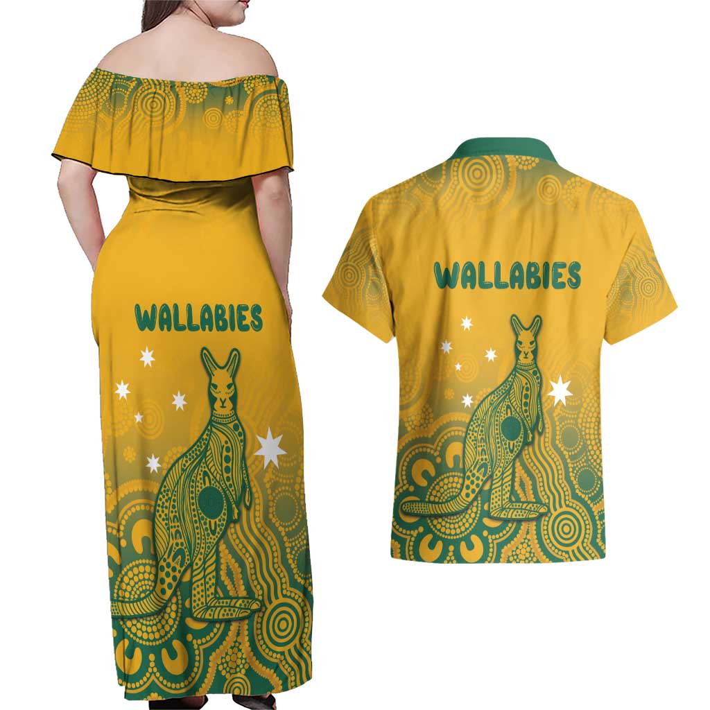 Australia Rugby Couples Matching Off Shoulder Maxi Dress and Hawaiian Shirt Wallabies Aboriginal Pattern