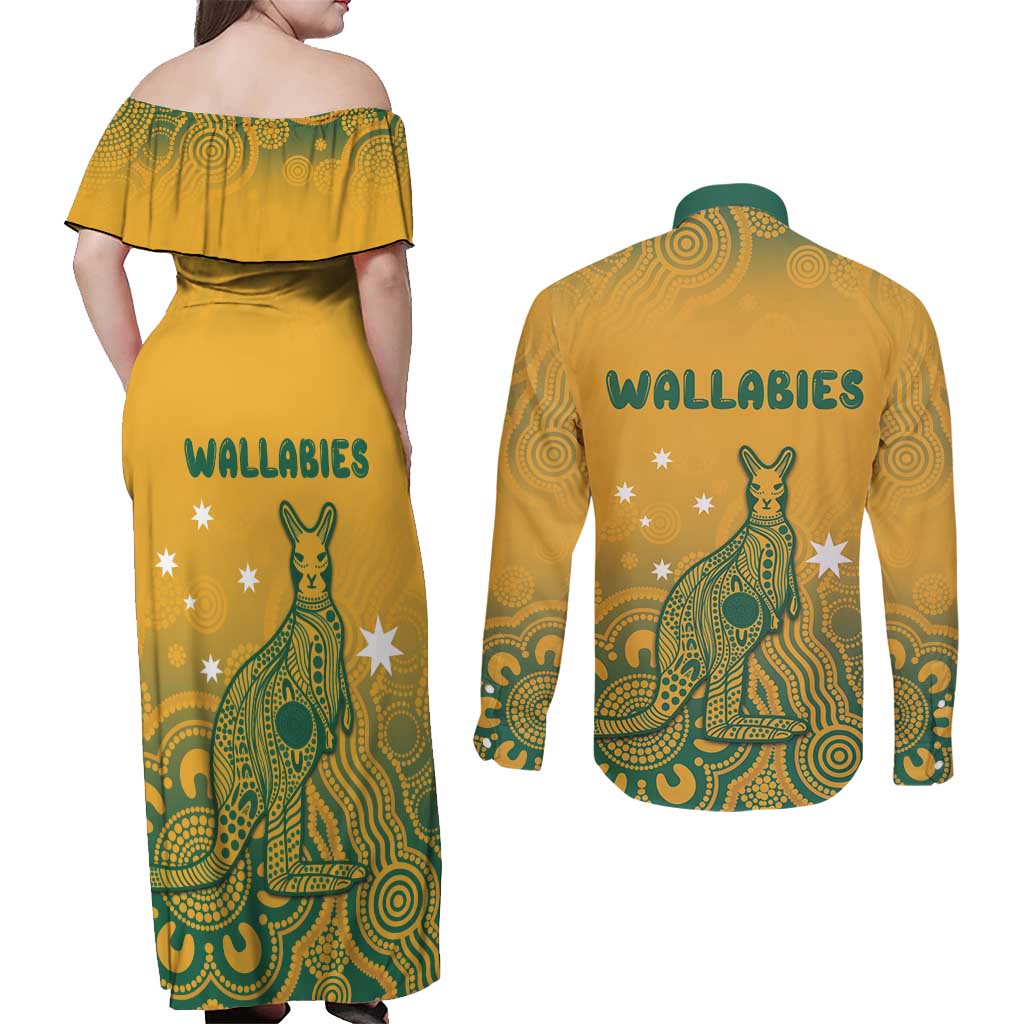 Australia Rugby Couples Matching Off Shoulder Maxi Dress and Long Sleeve Button Shirt Wallabies Aboriginal Pattern