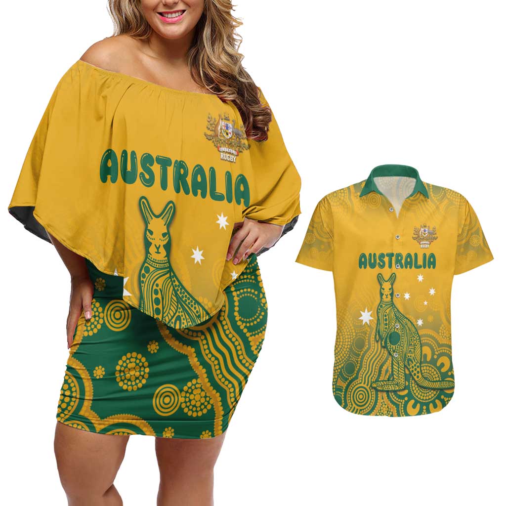Australia Rugby Couples Matching Off Shoulder Short Dress and Hawaiian Shirt Wallabies Aboriginal Pattern