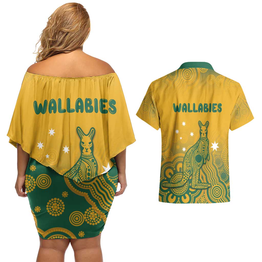 Australia Rugby Couples Matching Off Shoulder Short Dress and Hawaiian Shirt Wallabies Aboriginal Pattern
