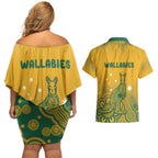 Australia Rugby Couples Matching Off Shoulder Short Dress and Hawaiian Shirt Wallabies Aboriginal Pattern