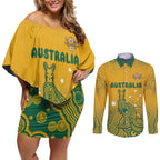 Australia Rugby Couples Matching Off Shoulder Short Dress and Long Sleeve Button Shirt Wallabies Aboriginal Pattern