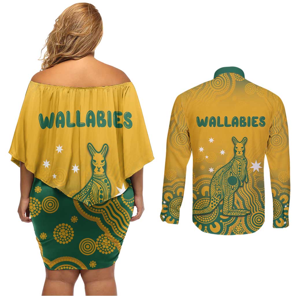 Australia Rugby Couples Matching Off Shoulder Short Dress and Long Sleeve Button Shirt Wallabies Aboriginal Pattern