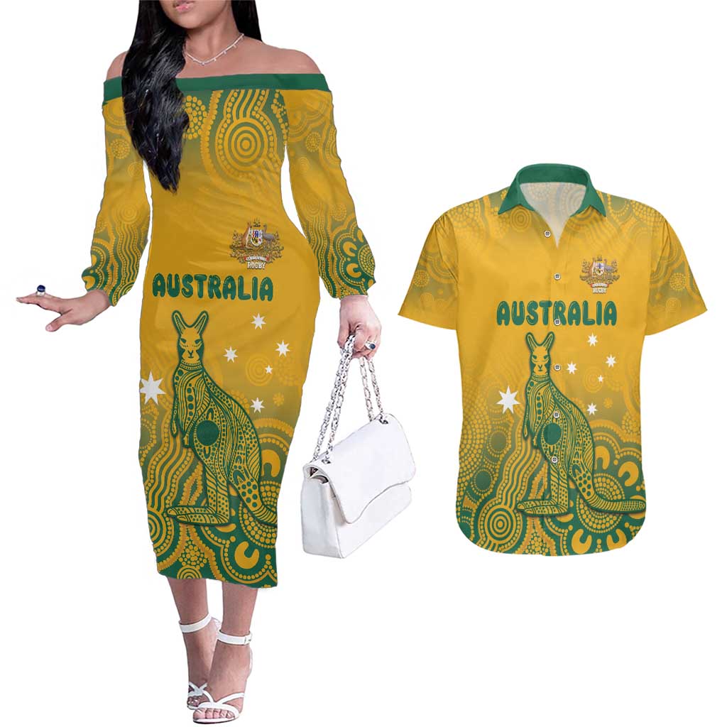 Australia Rugby Couples Matching Off The Shoulder Long Sleeve Dress and Hawaiian Shirt Wallabies Aboriginal Pattern