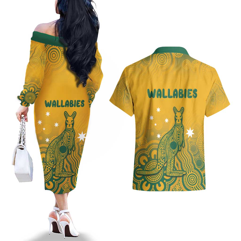 Australia Rugby Couples Matching Off The Shoulder Long Sleeve Dress and Hawaiian Shirt Wallabies Aboriginal Pattern