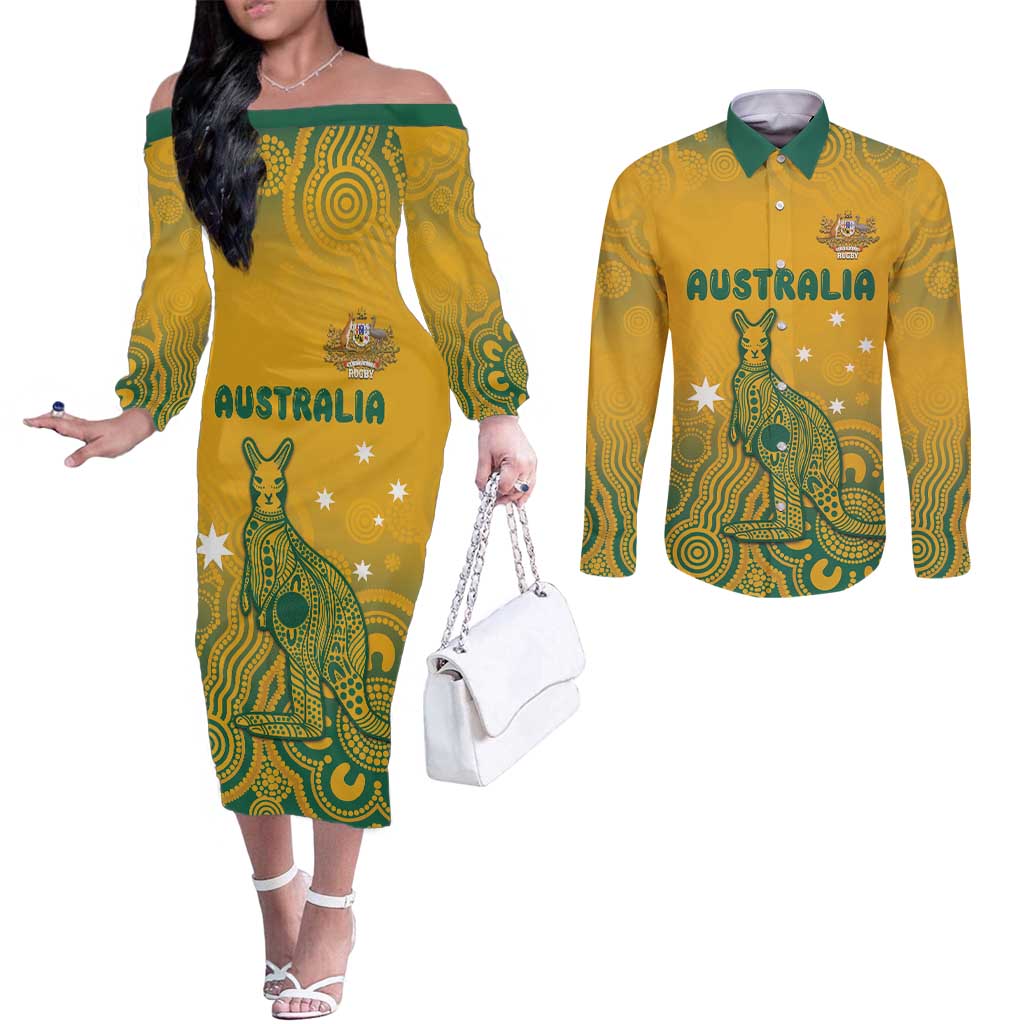 Australia Rugby Couples Matching Off The Shoulder Long Sleeve Dress and Long Sleeve Button Shirt Wallabies Aboriginal Pattern