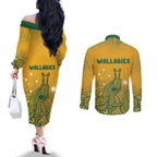 Australia Rugby Couples Matching Off The Shoulder Long Sleeve Dress and Long Sleeve Button Shirt Wallabies Aboriginal Pattern