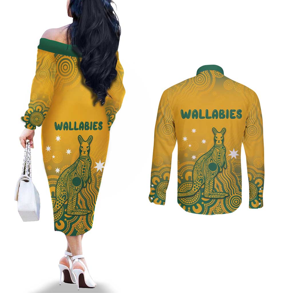 Australia Rugby Couples Matching Off The Shoulder Long Sleeve Dress and Long Sleeve Button Shirt Wallabies Aboriginal Pattern