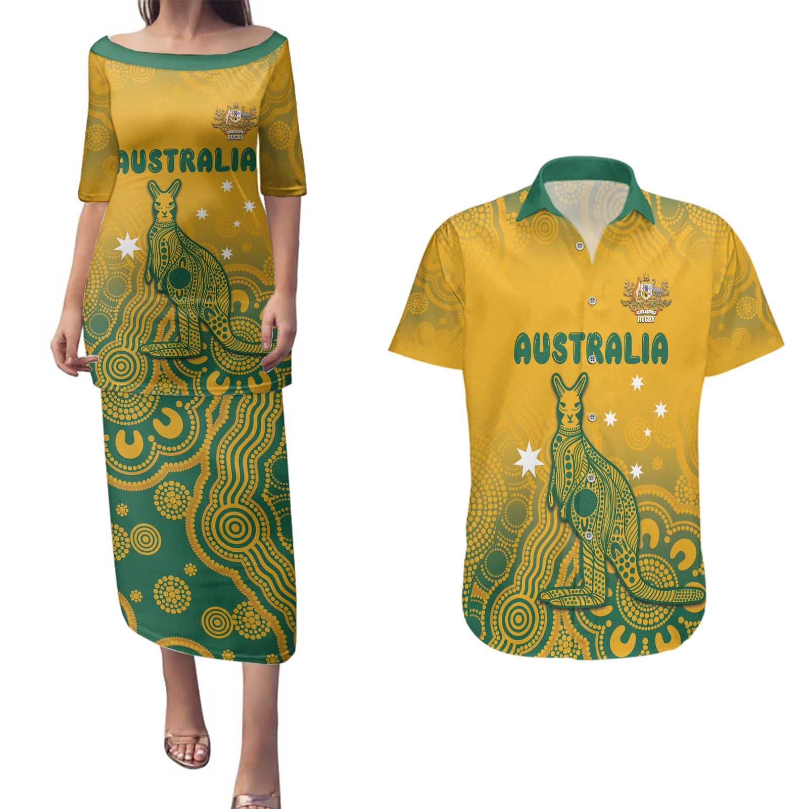 Australia Rugby Couples Matching Puletasi and Hawaiian Shirt Wallabies Aboriginal Pattern