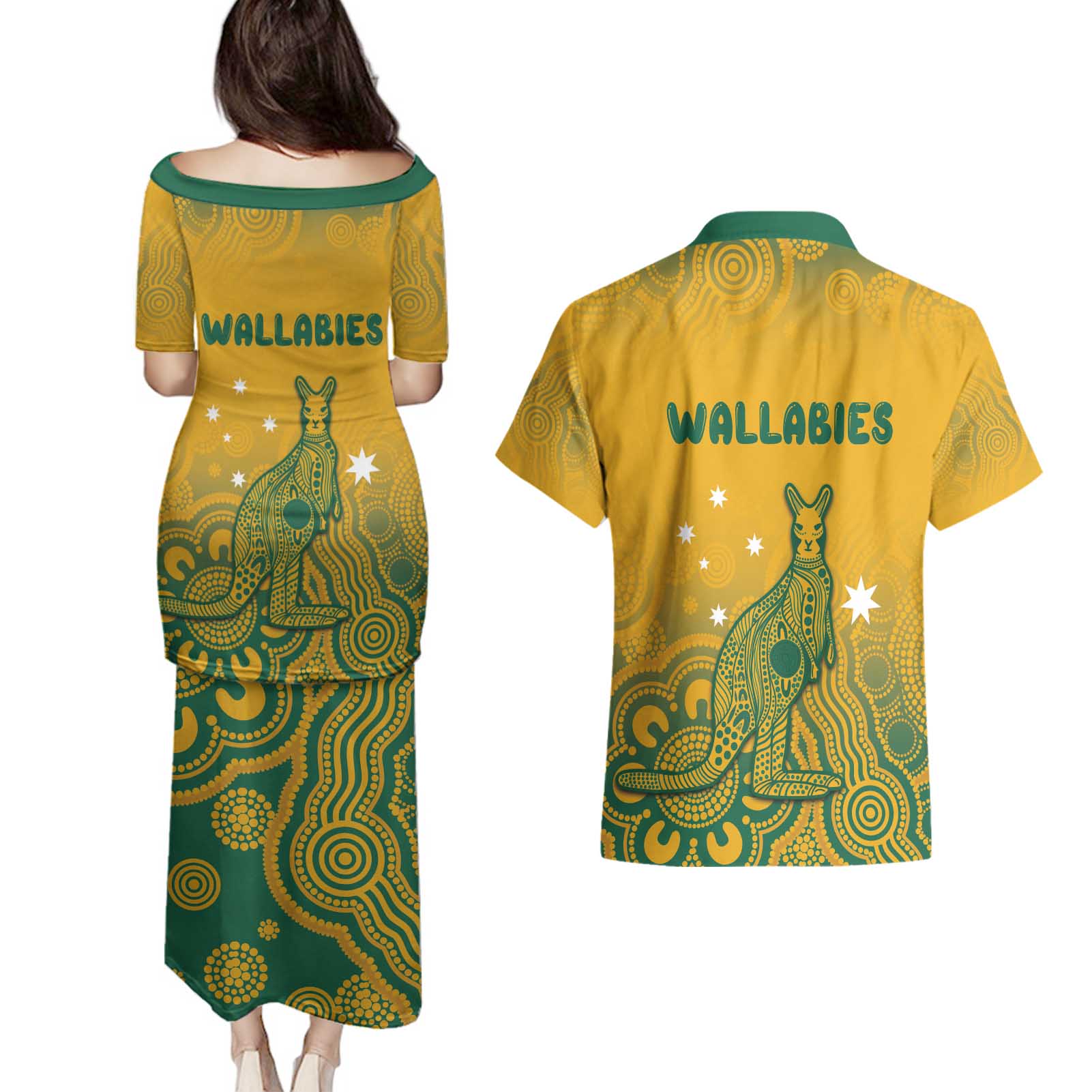 Australia Rugby Couples Matching Puletasi and Hawaiian Shirt Wallabies Aboriginal Pattern
