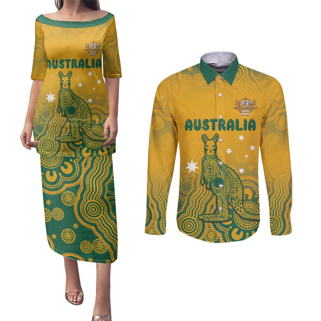 Australia Rugby Couples Matching Puletasi and Long Sleeve Button Shirt Wallabies Aboriginal Pattern