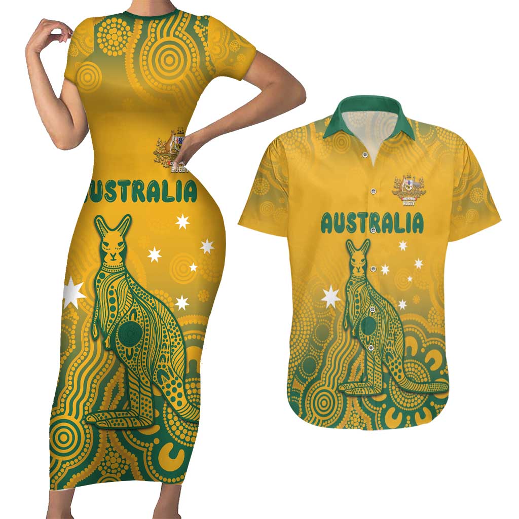 Australia Rugby Couples Matching Short Sleeve Bodycon Dress and Hawaiian Shirt Wallabies Aboriginal Pattern
