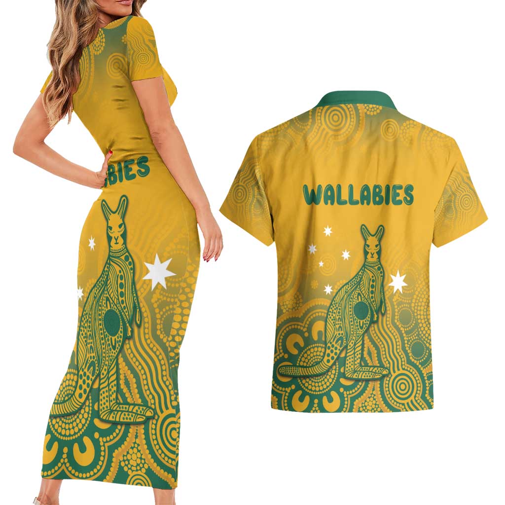 Australia Rugby Couples Matching Short Sleeve Bodycon Dress and Hawaiian Shirt Wallabies Aboriginal Pattern