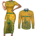 Australia Rugby Couples Matching Short Sleeve Bodycon Dress and Long Sleeve Button Shirt Wallabies Aboriginal Pattern