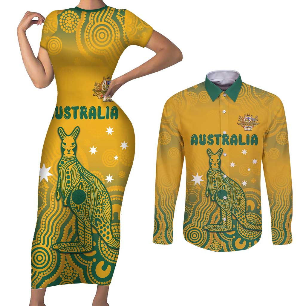 Australia Rugby Couples Matching Short Sleeve Bodycon Dress and Long Sleeve Button Shirt Wallabies Aboriginal Pattern