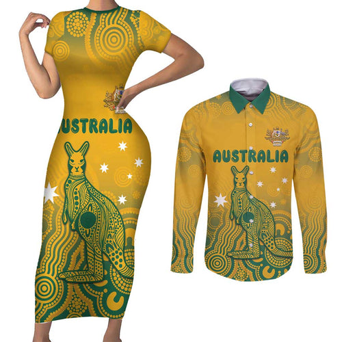 Australia Rugby Couples Matching Short Sleeve Bodycon Dress and Long Sleeve Button Shirt Wallabies Aboriginal Pattern
