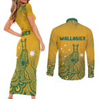 Australia Rugby Couples Matching Short Sleeve Bodycon Dress and Long Sleeve Button Shirt Wallabies Aboriginal Pattern