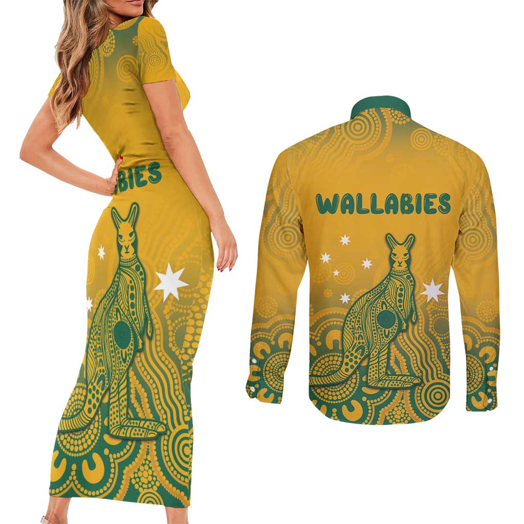 Australia Rugby Couples Matching Short Sleeve Bodycon Dress and Long Sleeve Button Shirt Wallabies Aboriginal Pattern