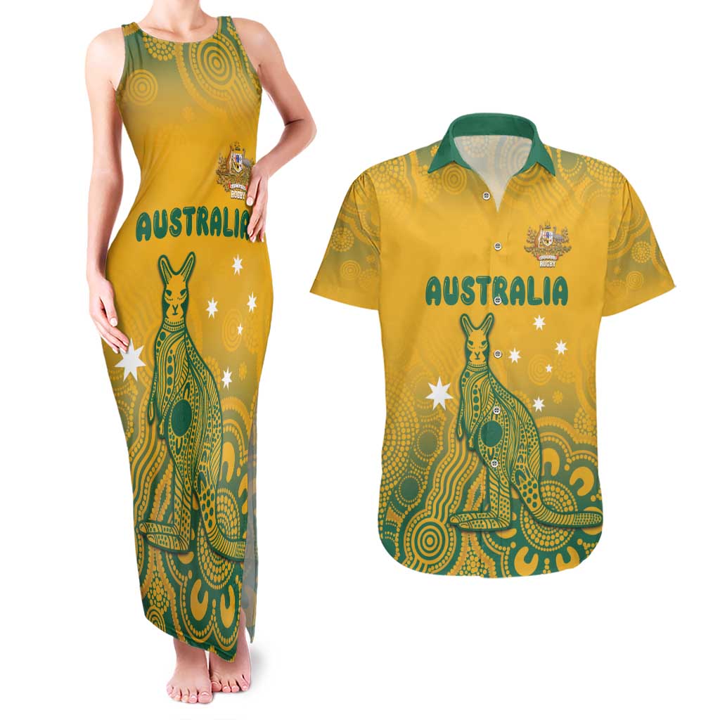 Australia Rugby Couples Matching Tank Maxi Dress and Hawaiian Shirt Wallabies Aboriginal Pattern
