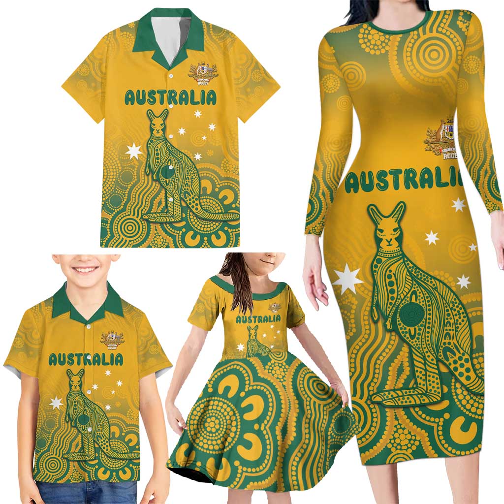 Australia Rugby Family Matching Long Sleeve Bodycon Dress and Hawaiian Shirt Wallabies Aboriginal Pattern