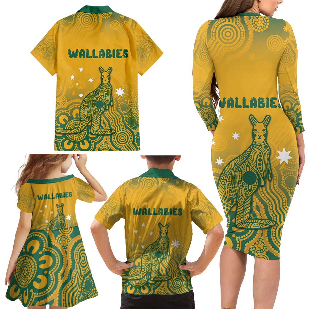 Australia Rugby Family Matching Long Sleeve Bodycon Dress and Hawaiian Shirt Wallabies Aboriginal Pattern