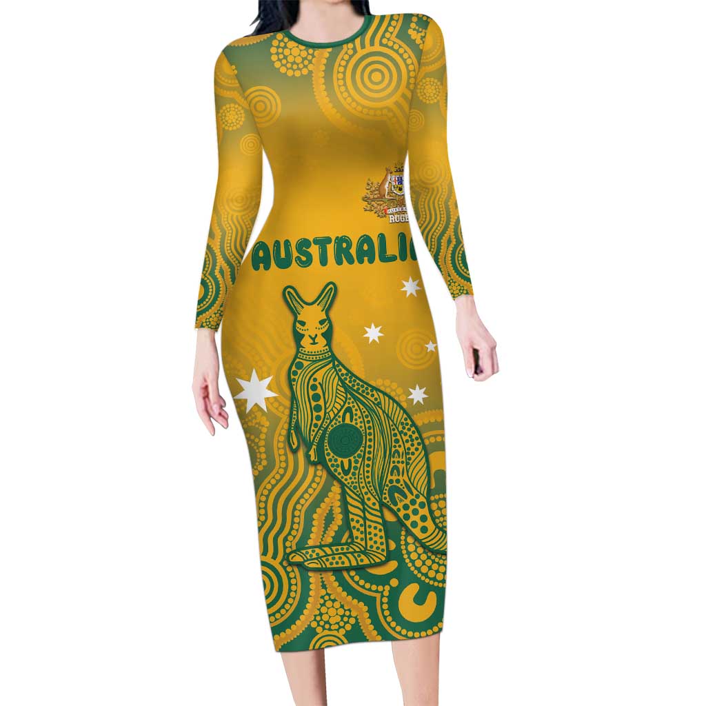 Australia Rugby Family Matching Long Sleeve Bodycon Dress and Hawaiian Shirt Wallabies Aboriginal Pattern