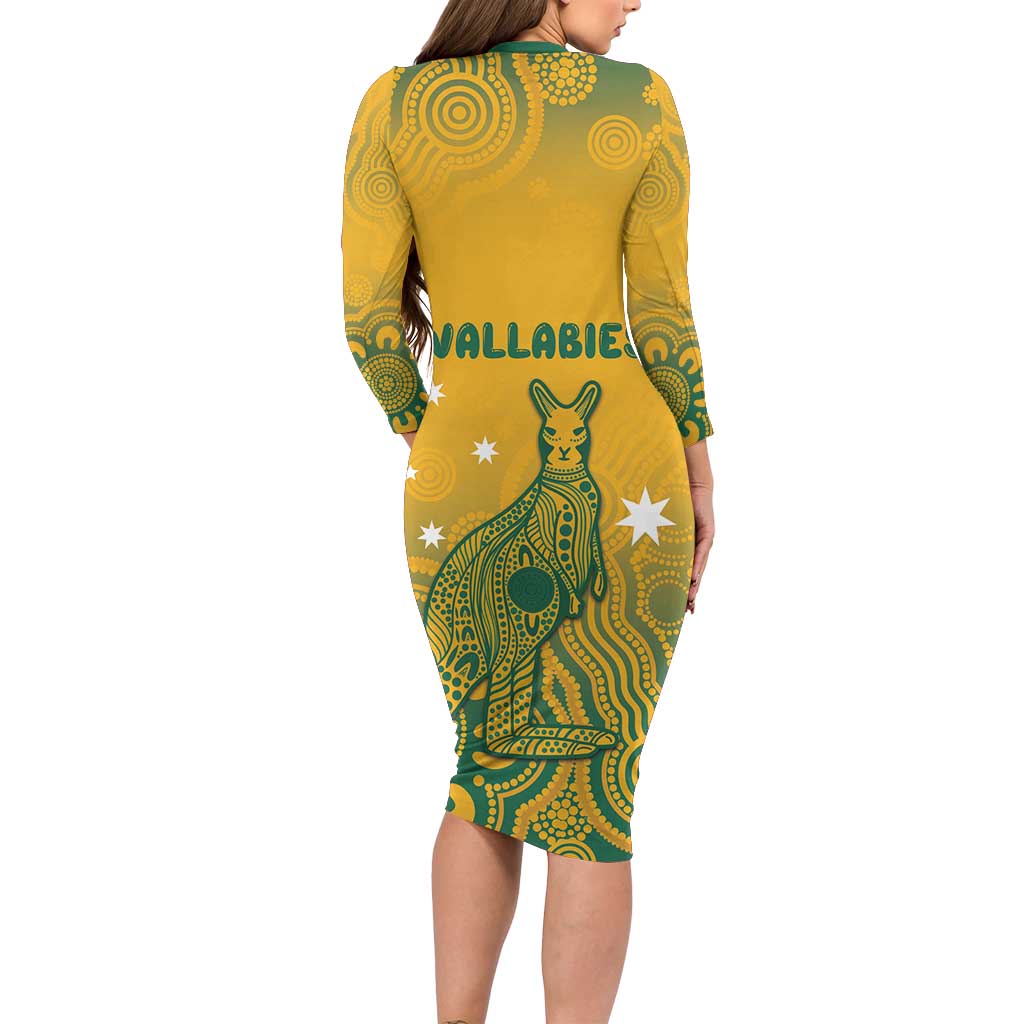 Australia Rugby Family Matching Long Sleeve Bodycon Dress and Hawaiian Shirt Wallabies Aboriginal Pattern