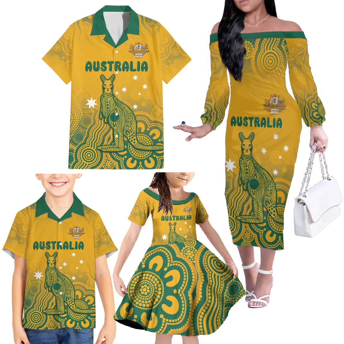 Australia Rugby Family Matching Off The Shoulder Long Sleeve Dress and Hawaiian Shirt Wallabies Aboriginal Pattern
