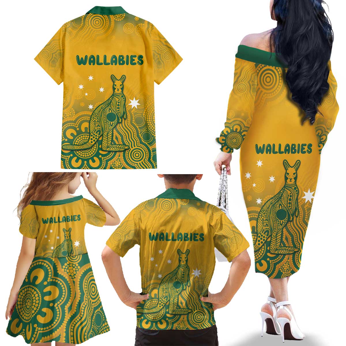 Australia Rugby Family Matching Off The Shoulder Long Sleeve Dress and Hawaiian Shirt Wallabies Aboriginal Pattern