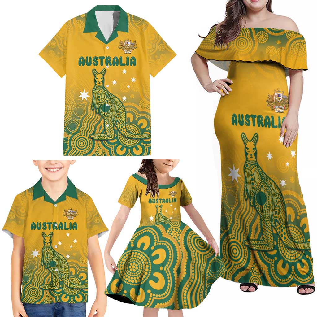 Australia Rugby Family Matching Off Shoulder Maxi Dress and Hawaiian Shirt Wallabies Aboriginal Pattern
