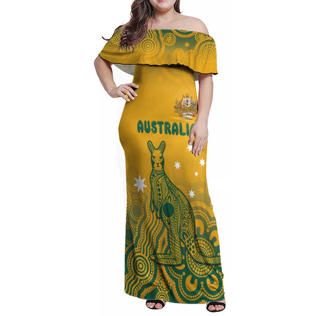 Australia Rugby Family Matching Off Shoulder Maxi Dress and Hawaiian Shirt Wallabies Aboriginal Pattern