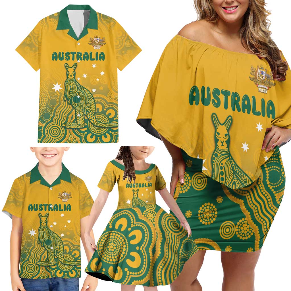 Australia Rugby Family Matching Off Shoulder Short Dress and Hawaiian Shirt Wallabies Aboriginal Pattern